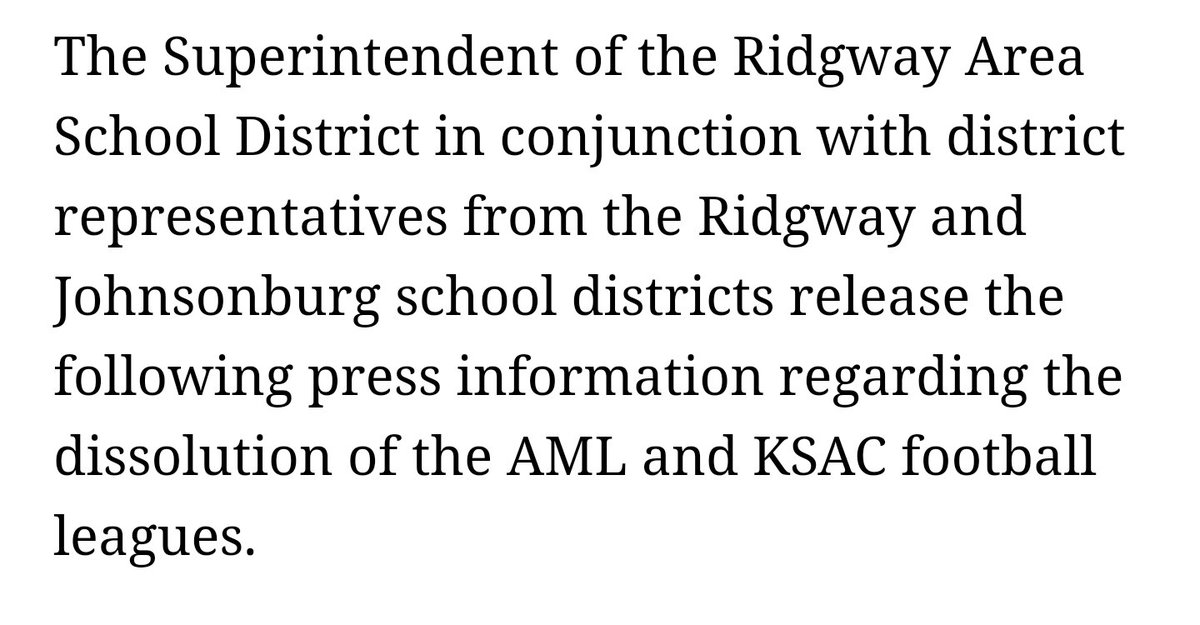 ReedyG3's tweet photo. Ridgway Area School District has issued a press release about the AML/KSAC football league dissolution and the new D9 Football League. https://t.co/1jibN1KLRy