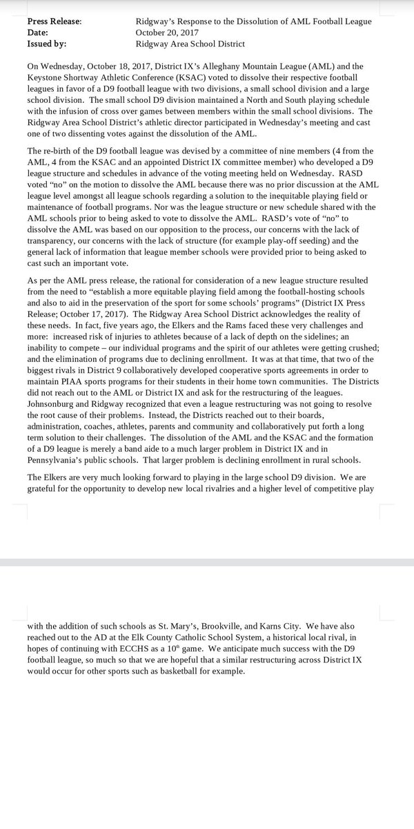 ReedyG3's tweet photo. Ridgway Area School District has issued a press release about the AML/KSAC football league dissolution and the new D9 Football League. https://t.co/1jibN1KLRy