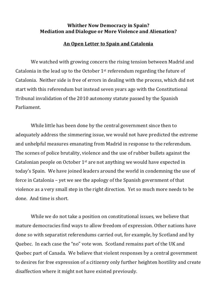 exteriorscat's tweet photo. 🔴 24 Nobel open letter to Spain and Catalonia: “We condemn violence and support the calls for negotiations”. https://t.co/G6Jq4kGZFa