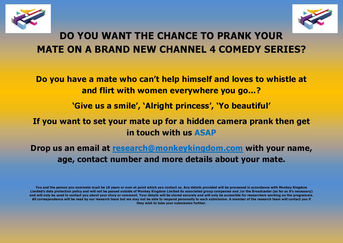 @TellyCastingDoes your mate fancy himself as a bit of a flirt? Do you want to prank him on a new show? #prankyourmate #newshow
