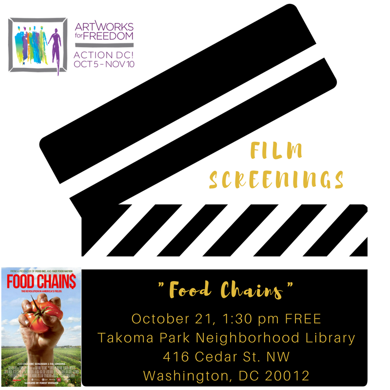 artworksfreedom's tweet photo. Tomorrow at 1:30 pm! Join us w/ @DCFairFood for a free screening of @FoodChainsFilm at the Takoma Park @dcpl. Part of #ActionDC! https://t.co/DQz5WQRF0s