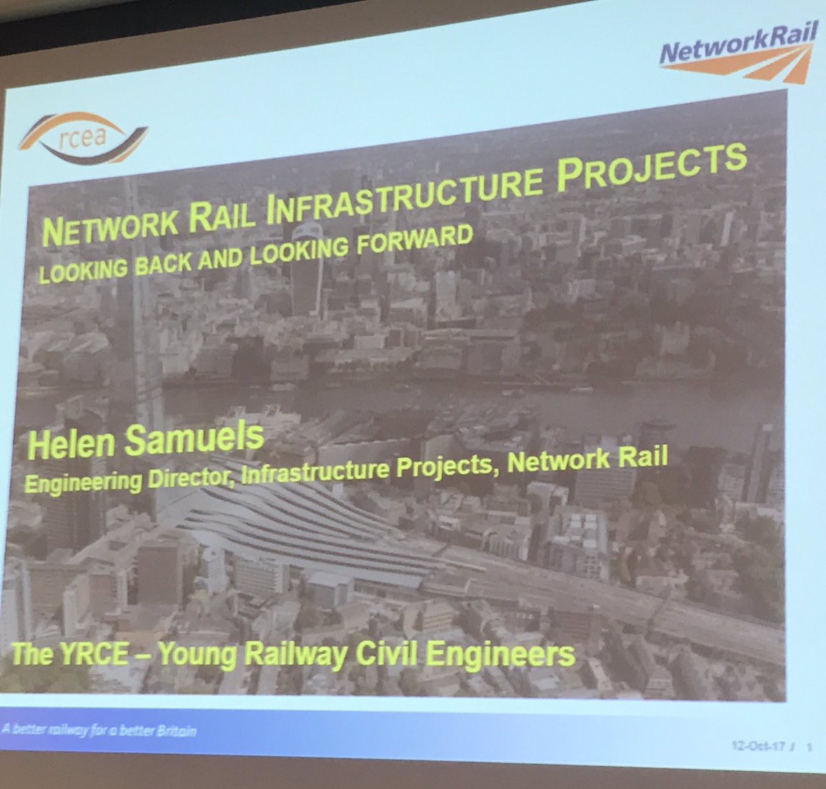 V_IssacLangford's tweet photo. The inspirational #Helen Samuels speaking to a full house @Arcadis, #YRCE @RCEAssoc about the exciting future and innovation @networkrail https://t.co/RgwpO0vRZD