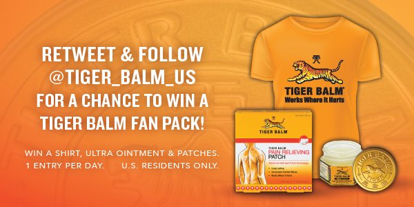 Tiger_Balm_US's tweet photo. RETWEET &amp; FOLLOW for a chance to win a #TigerBalmFanPack! Enter by Monday. 

#PainRelief #Giveaway #Win 🐯 https://t.co/LBIWeqjQzi