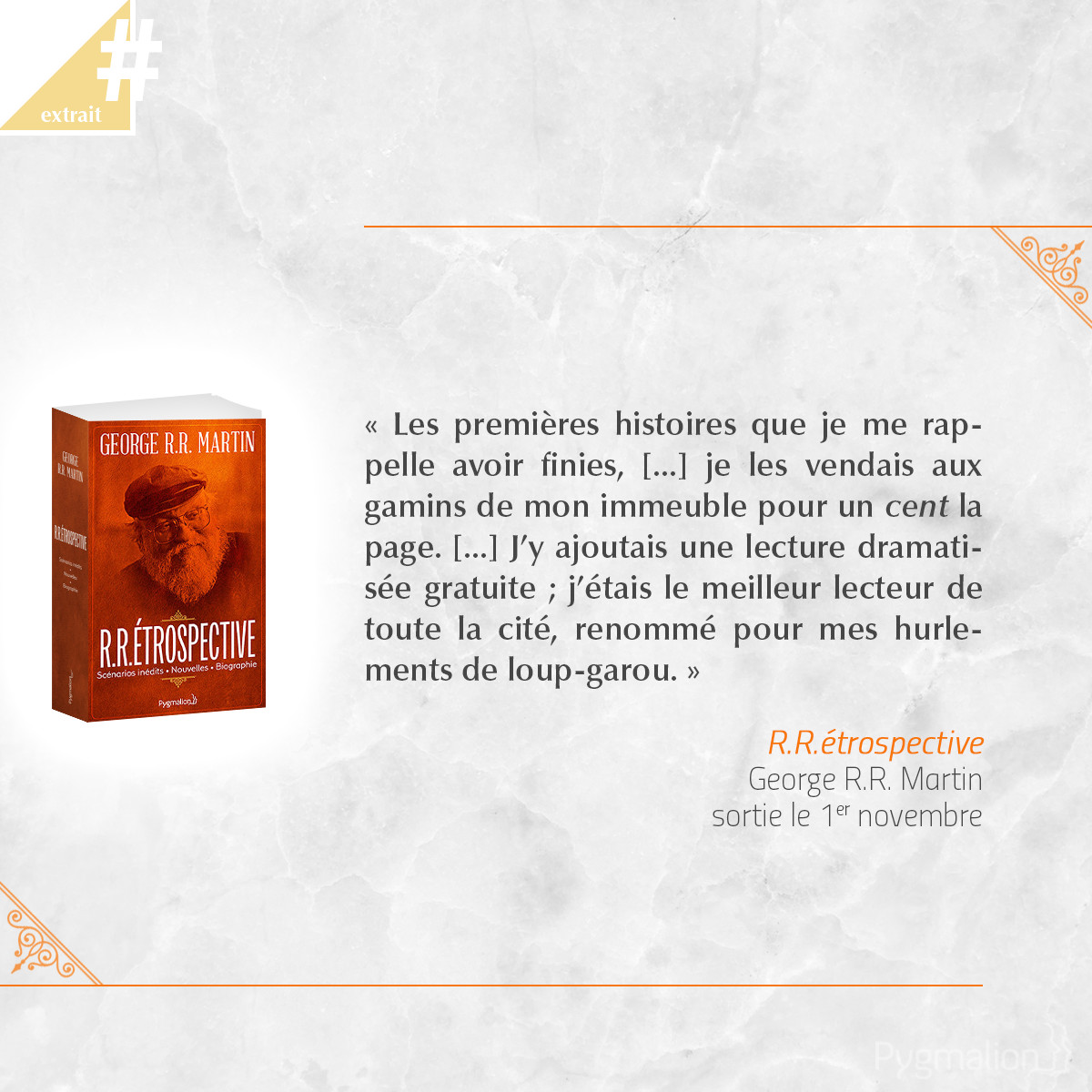 ed_Pygmalion's tweet photo. #Extrait
Winter is coming ! Découvrez un nouvel extrait de “R.R.étrospective” de George R.R. Martin.
>> https://t.co/xPGnAjPxu5 https://t.co/KsHlcmKmNg