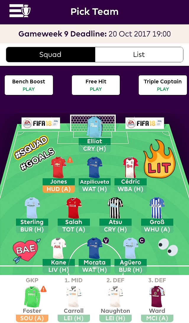 BenShabba's tweet photo. @TheGafferTapes I'm gonna get my -16 points hit balls out. Need to gamble as bottom of the lot, WC is dead. Congrats on 💯 pods! #FPL #deeth https://t.co/wluUGpsWIH