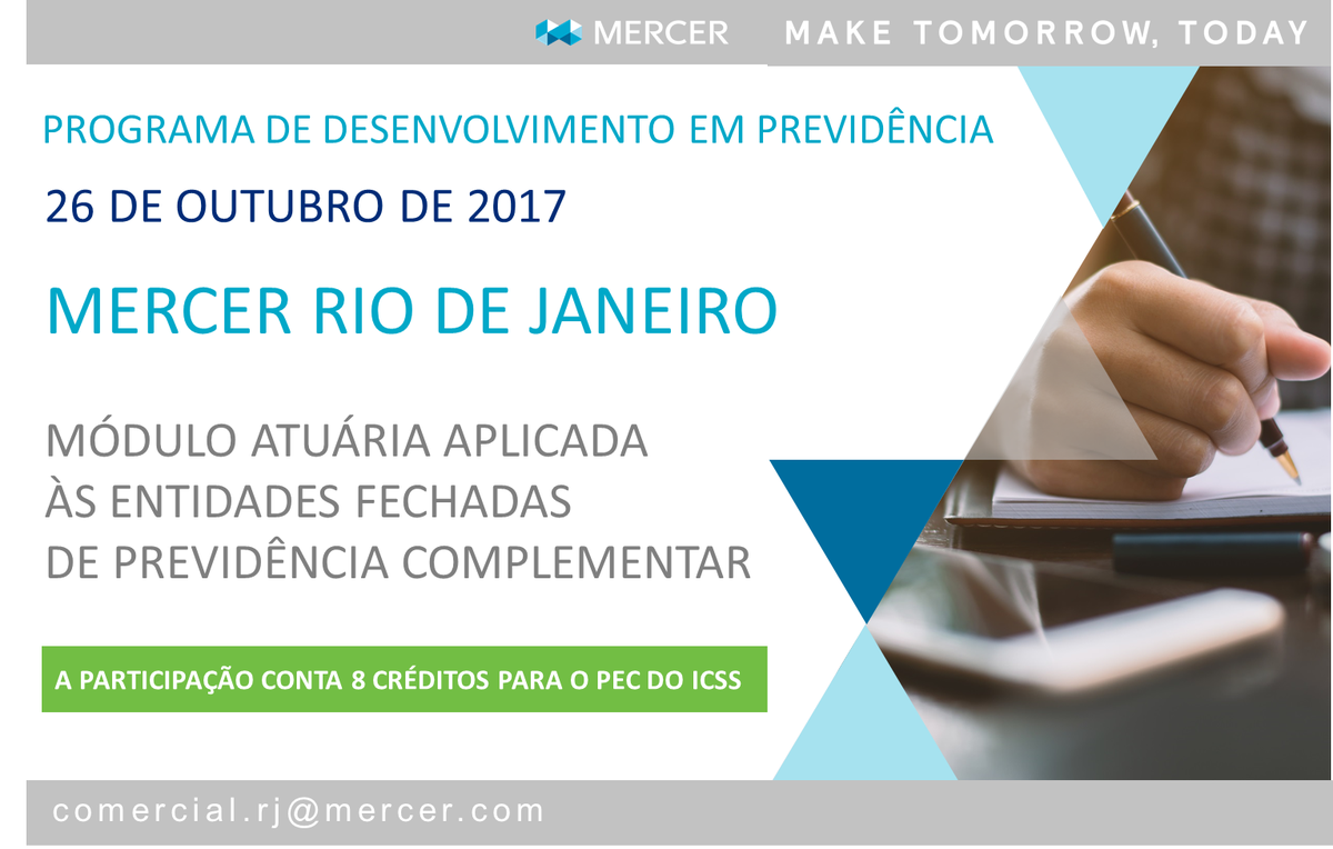 danielagfonseca's tweet photo. PROGRAMA DE DESENVOLVIMENTO EM PREVIDÊNCIA - Módulo Atuária Aplicada às EFPC em 26/10 na @MercerBrasil-Rio de Janeiro. Todos os módulos contam créditos para o PEC do ICSS.  Inscreva-se: comercial.rj@mercer.com https://t.co/fq7dPJJ2iU