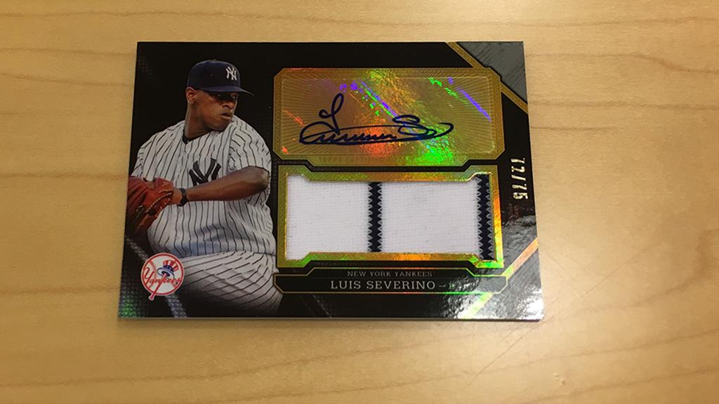 MLB's tweet photo. He aims to pitch the @Yankees into their first #WorldSeries since 2009. 

RT to win this @LuisSeverino94-signed @Topps relic. #MLBCards https://t.co/82l8dfleuF