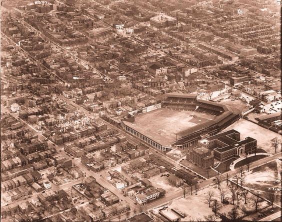 Griffith Stadium, Washington D.C. ca 1933 - Home to Senators for almost 50 years. H-shaped building is Howard University College of Medicine
