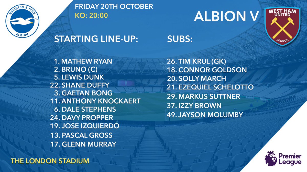 OfficialBHAFC's tweet photo. Here's how #BHAFC line up for this evening's #PL game against @WestHamUtd at the London Stadium. #WHUBHA https://t.co/W0FCHVwZxg
