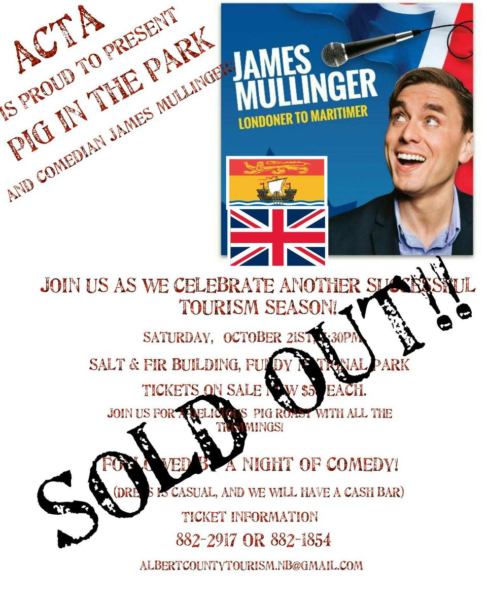 TourismAlbert's tweet photo. This is it!  Only 1 more sleep until Pig in the Park with #Jamesmullinger!!  #TIANB #NBTourism #BayofFundy #FundyNationalPark #NewBrunswick https://t.co/C5zJhgiK6s