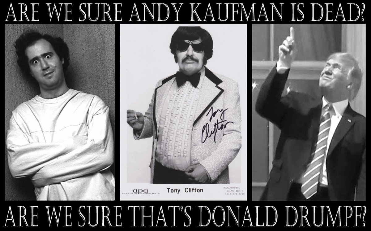 photowarrior's tweet photo. Are we sure Andy Kaufman is dead? Are we sure that's Donald Drumpf? #Trump #MAGA #ManOnTheMoon #eclipse2017 #imposter #ComedyRoutine #USA https://t.co/fLad7Pb4XR