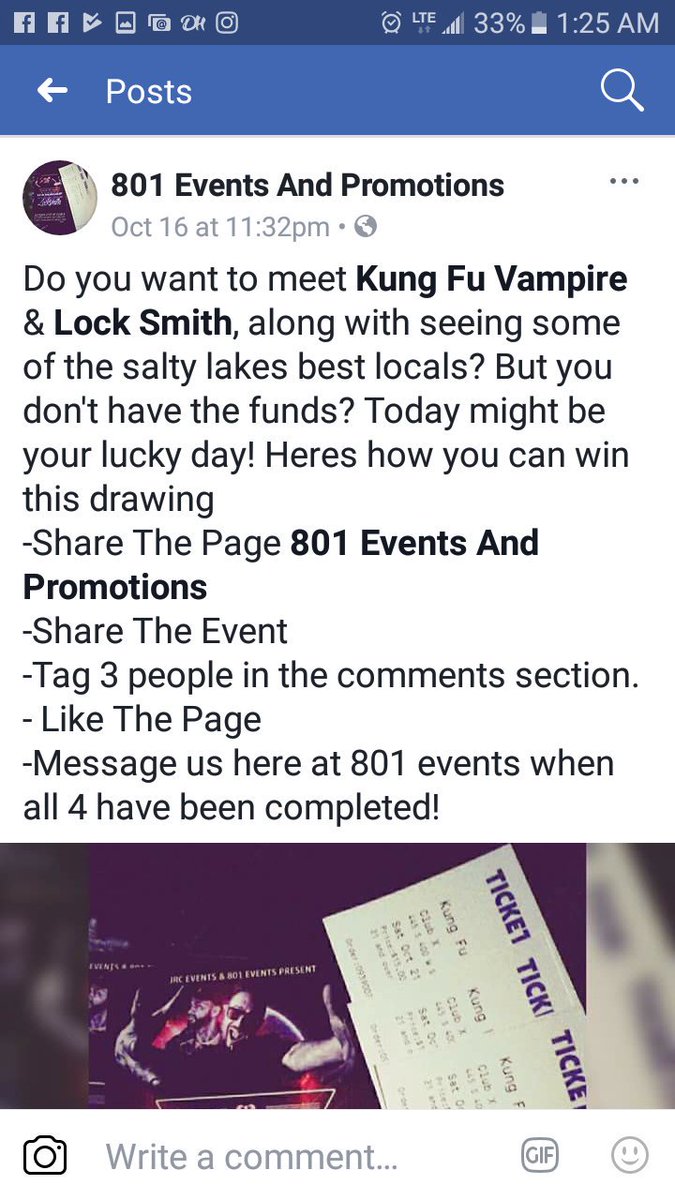 801events's tweet photo. We are giving away a chance to win @KungFuVampire @dalocksmith tickets! @ReggieKindz  Go follow us on facebook #Locksmith #KFV #801events https://t.co/tPCY4VfEOi