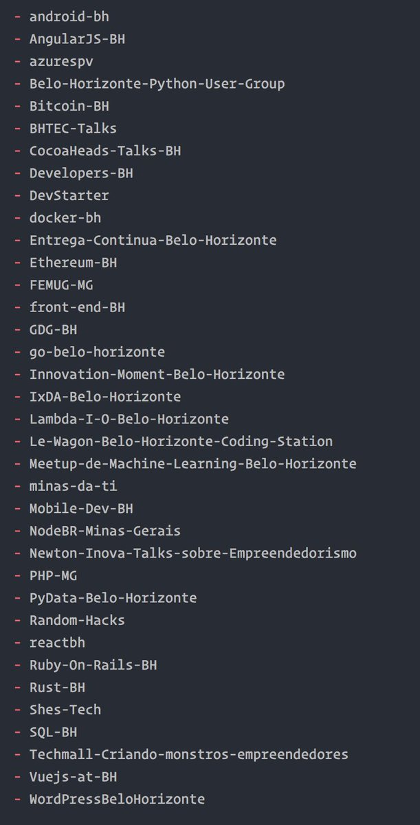 minasdev's tweet image. Fala pessoal! Veja na foto os Meetups de Minas Gerais listados no minasdev.org. Não achou seu meetup favorito? Compartilha aí!