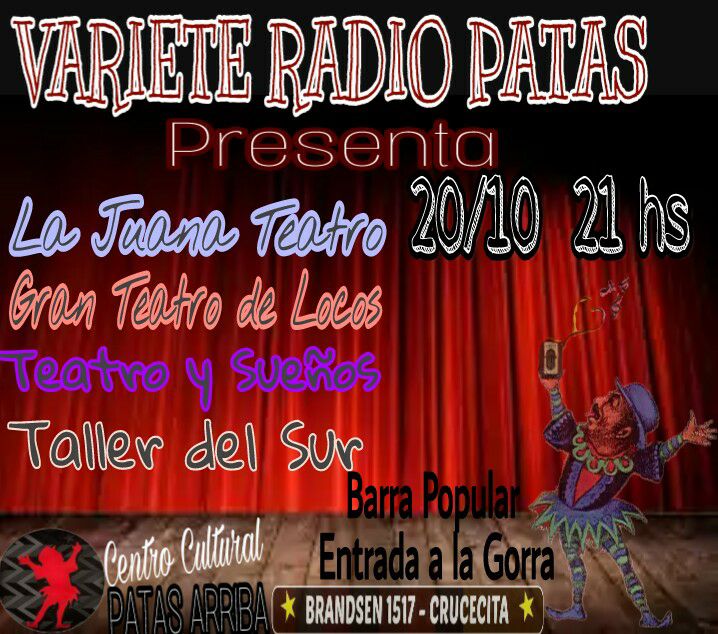 CCPatasArriba's tweet photo. Hoy desde las 22hs los y las esperamos. Gran noche de teatro!! https://t.co/4zMwtJswTi