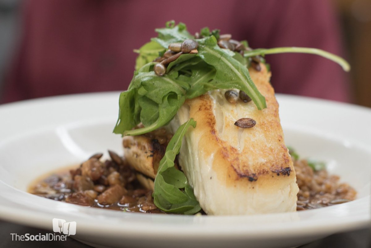 FinCapeCod's tweet photo. Pan-seared #AtlanticHalibut with wheat berries and #DelicataSquash in a smoked #bacon jus. #Dennis #Seafood https://t.co/HXbZUx5opn