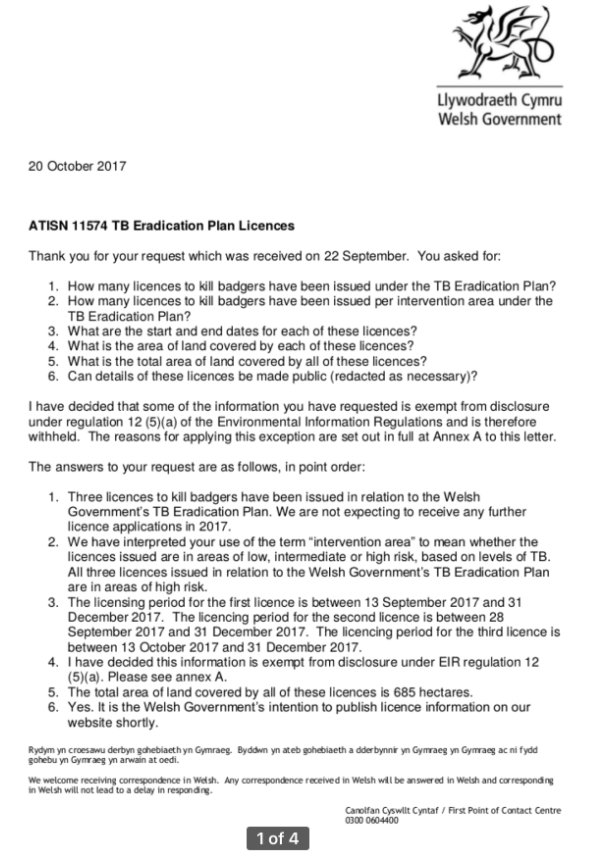 Wales have issued 3 licenses to cull badgers across a total area of 7 km2. No more license applications for 2017 are expected.