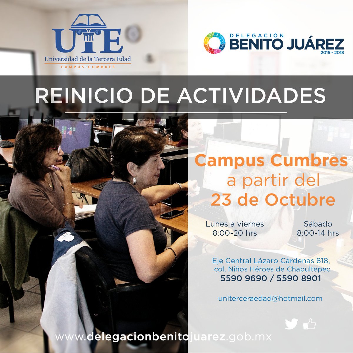 BJAlcaldia's tweet photo. Les informamos que el próximo 23 de octubre reiniciamos actividades en nuestra Universidad de la Tercera Edad Campus Cumbres. #UTEBJ. https://t.co/9y7cD61KMa