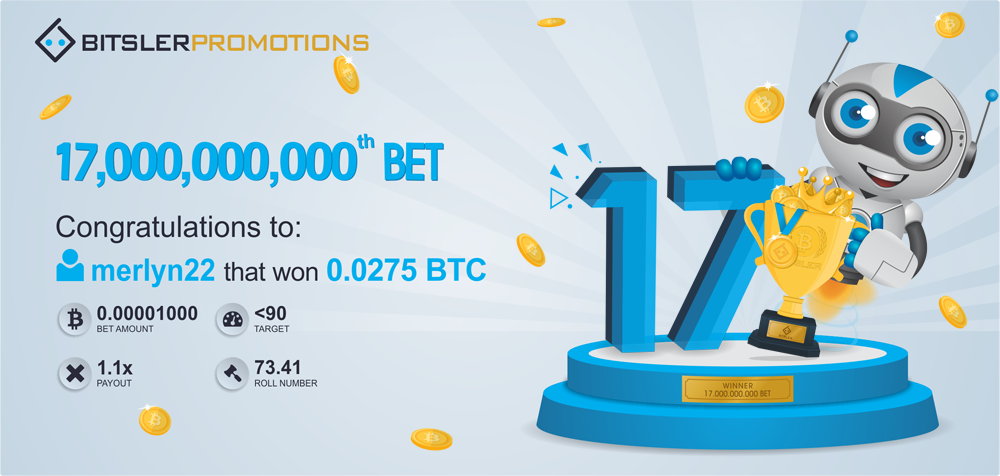 Bitsler_Indo's tweet photo. 17 billion bets done, Congratulation to "merlyn22", Won 0.0275 BTC ! https://t.co/h2D42ZfYCm  #Bitsler #Bitcoin #Gambling #BTC https://t.co/AhDv9lSW1x