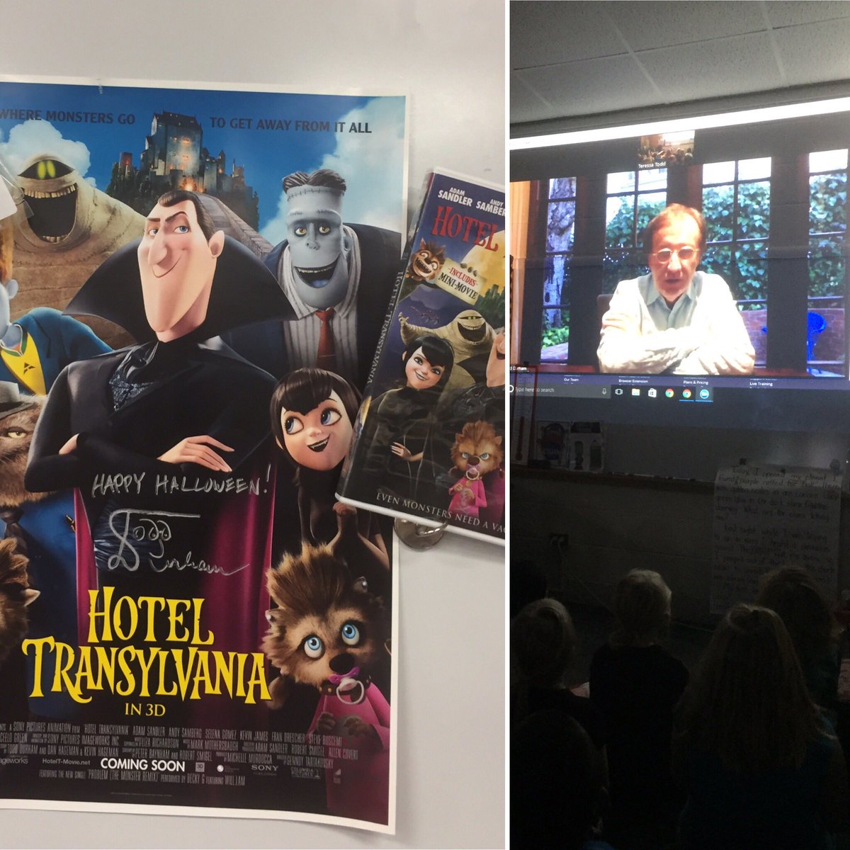 ttoddedu's tweet photo. Author, Todd Durham visited our class through a video cast. A former Weatherford ISD student, wrote Hotel Transylvania. The movie was nominated for a Golden Globe Award for Best Animated Movie. Mr. Durham sent autographed treats for each child. #whywisd #crockettroos #inspiring https://t.co/eNiW9O60Tu