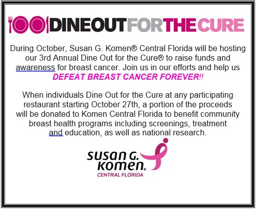 KomenCentralFL's tweet photo. Dine out during Breast Cancer Awareness month and support Komen Central Florida! Thank you for your support! https://t.co/WV501ZaGrP