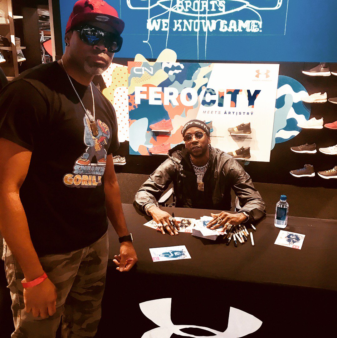 sneakergorillaz's tweet photo. Blessed to chop it up live with @2chainz  &amp; @WGCI‘s own @LeonRogers at the C1N 442 launch party | @champssports  #Chicago https://t.co/94OCOzHwJe