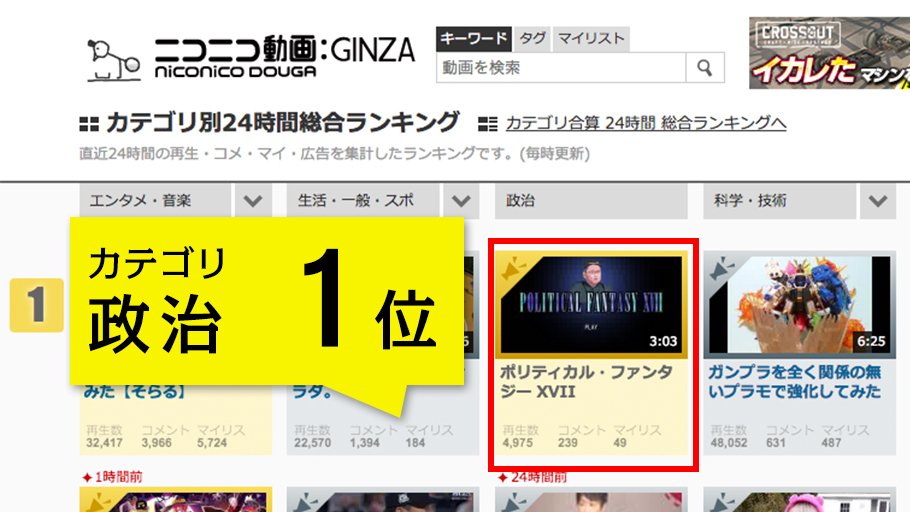 hc_party's tweet photo. 「ポリティカル・ファンタジーXVII」ニコニコ動画の政治カテゴリで1位になりました。(^o^) 応援ありがとうございます!
https://t.co/1oAVLqreTh
#PFXVII #衆院選2017 https://t.co/INahT53Waw