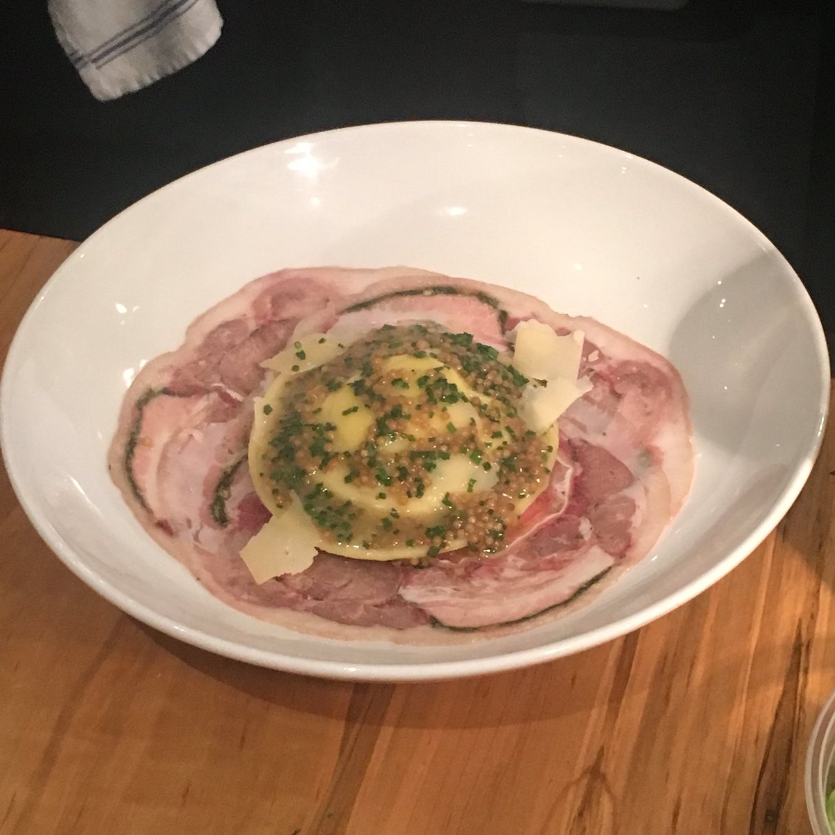 Sydney9100's tweet photo. Duck yolk, goat cheese and porchetta = amazing @TheFrenchHamOnt #HamOntFT https://t.co/sNa426YuO2