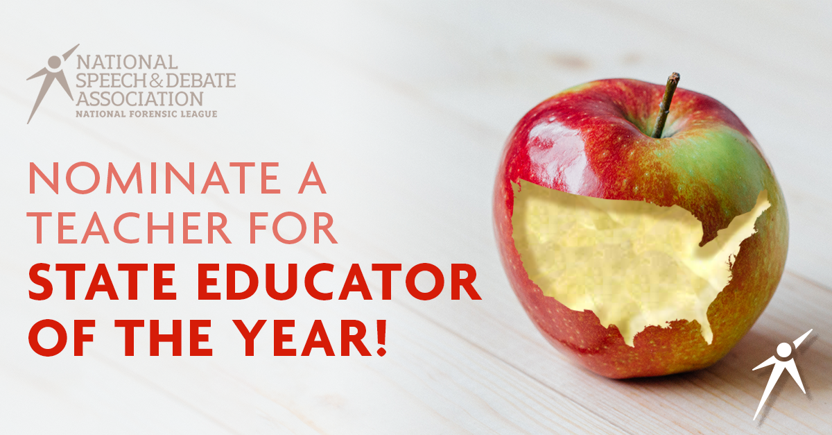 speechanddebate's tweet photo. Reminder - State Educator of the Year noms are due Oct 30th! Recognize an outstanding educator in your life at https://t.co/uWEJSIBwPo. https://t.co/Qo0ewaK6ev