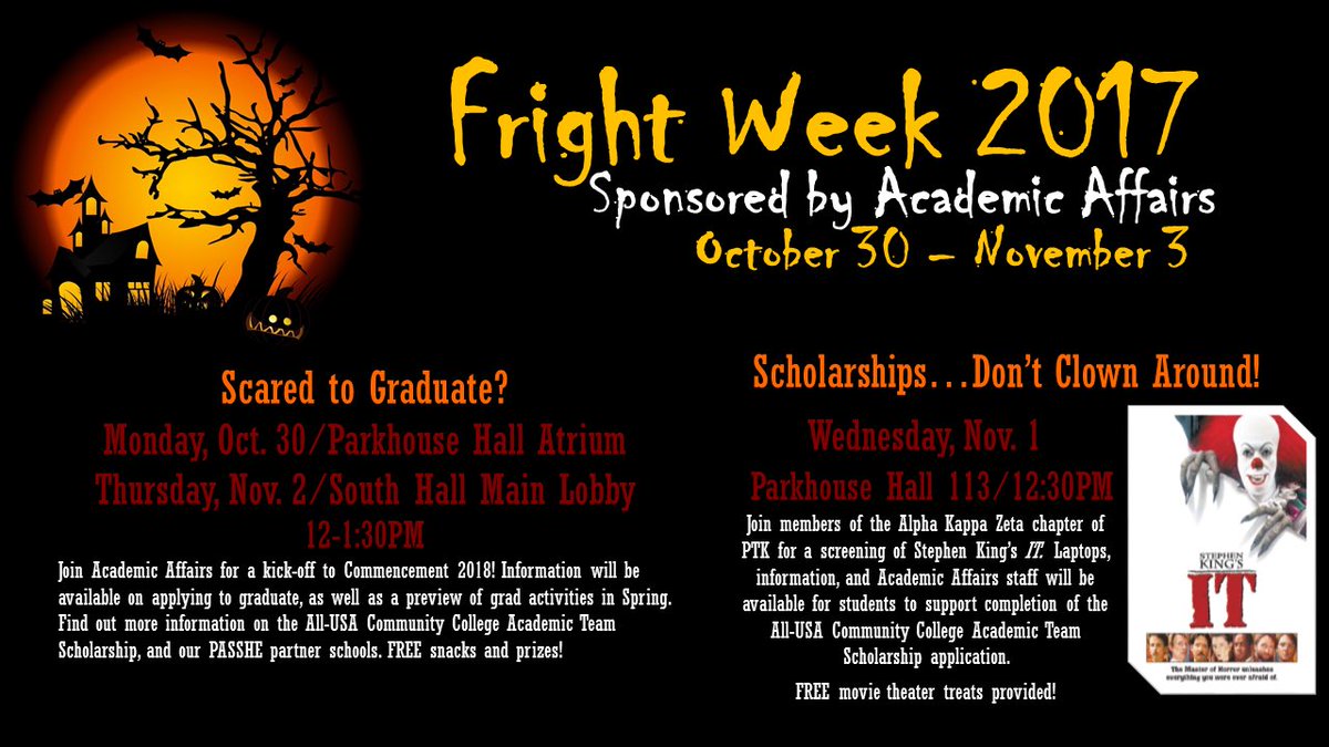 MCCCBEI's tweet photo. 10/30-11/3 @mccc Academic Affairs is sponsoring Fright Week #DiscoverMC3 https://t.co/Ko0mh0Deko