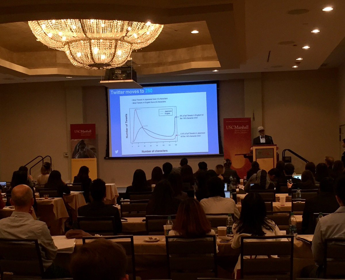 USC_Analytics's tweet photo. How did @Twitter use #analytics to move to 280 characters? Very interesting talk by @ciszek at our 6th business #analytics conference @USC https://t.co/QJkGloUw7C