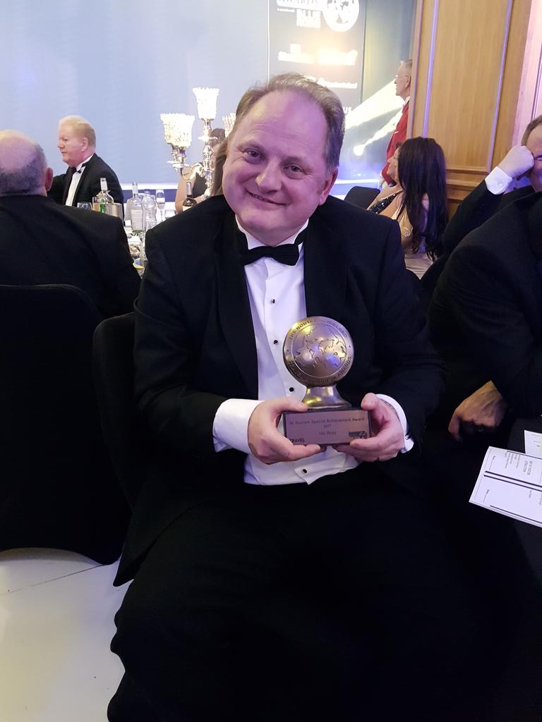 belfastairport's tweet photo. Wow!! Our fantastic Biz Development Director @UelHoey  wins the NI Special Achievement Award at NITravel Awards. #NITA17. We are so proud! https://t.co/3KMjq1pbWH