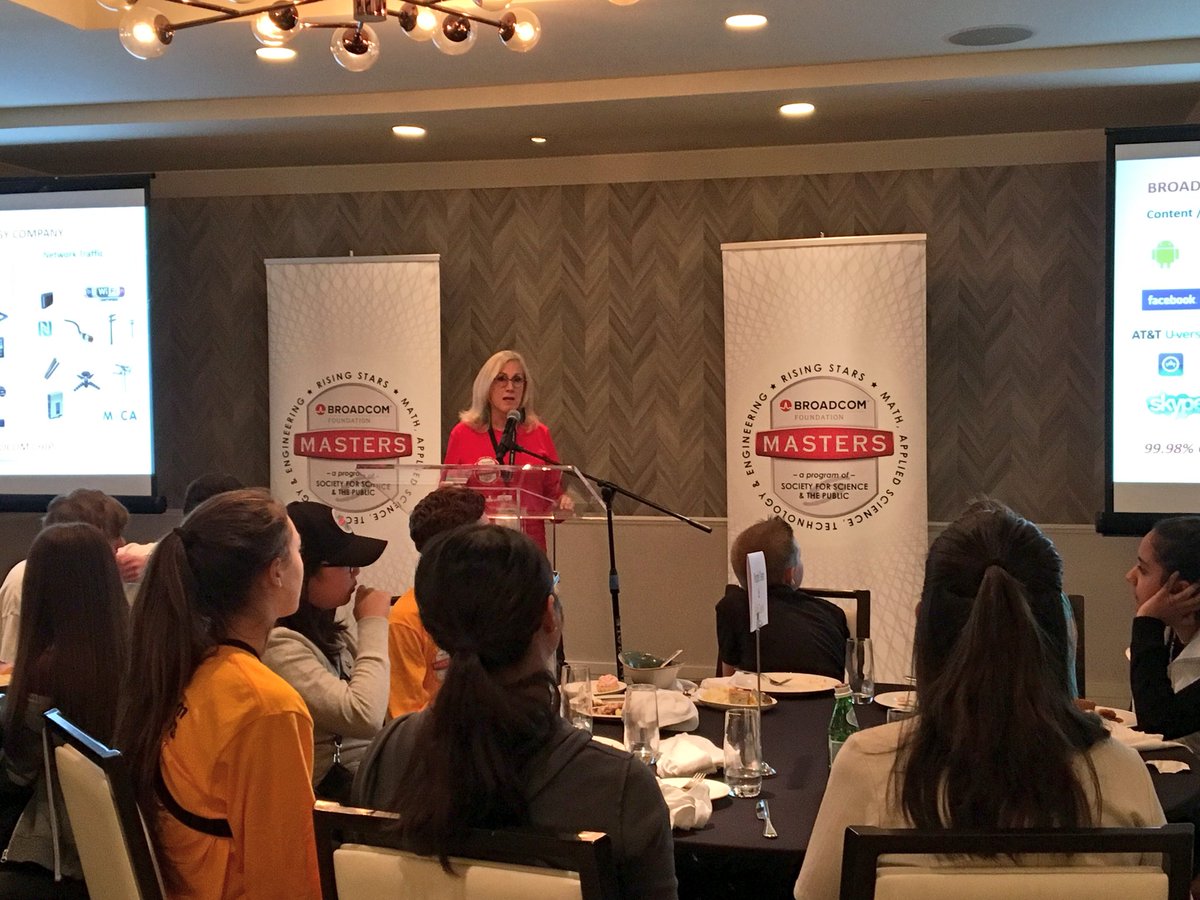 Society4Science's tweet photo. .@BroadcomSTEM President @PaulaGolden48: “Never in science do you work alone. That’s why team work is so important at #brcmMASTERS.” https://t.co/lJ9CUTiQzG