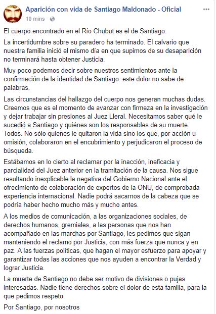 todonoticias's tweet photo. [AHORA] Comunicado de la familia de Santiago Maldonado: "El cuerpo encontrado en el Río Chubut es el de Santiago" https://t.co/CPS55IiP2B https://t.co/K8ZTmhhSm8