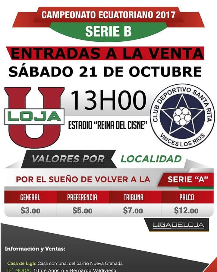 ⚽👇ENTRADAS YA A LA VENTA

LIGA DE LOJA 🆚 Santa Rita 
📆 Sábado 21 de Octubre 
🕢 13h00
🏟️ Estadio Reina de El Cisne
#SerieB ]