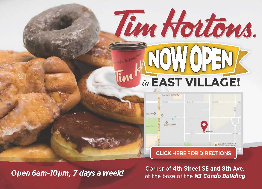 EastVillageYYC's tweet photo. Did you hear the news? @TimHortons is now open in the base of N3 Condo! #TimbitsForAll https://t.co/Pf5IBRfUse