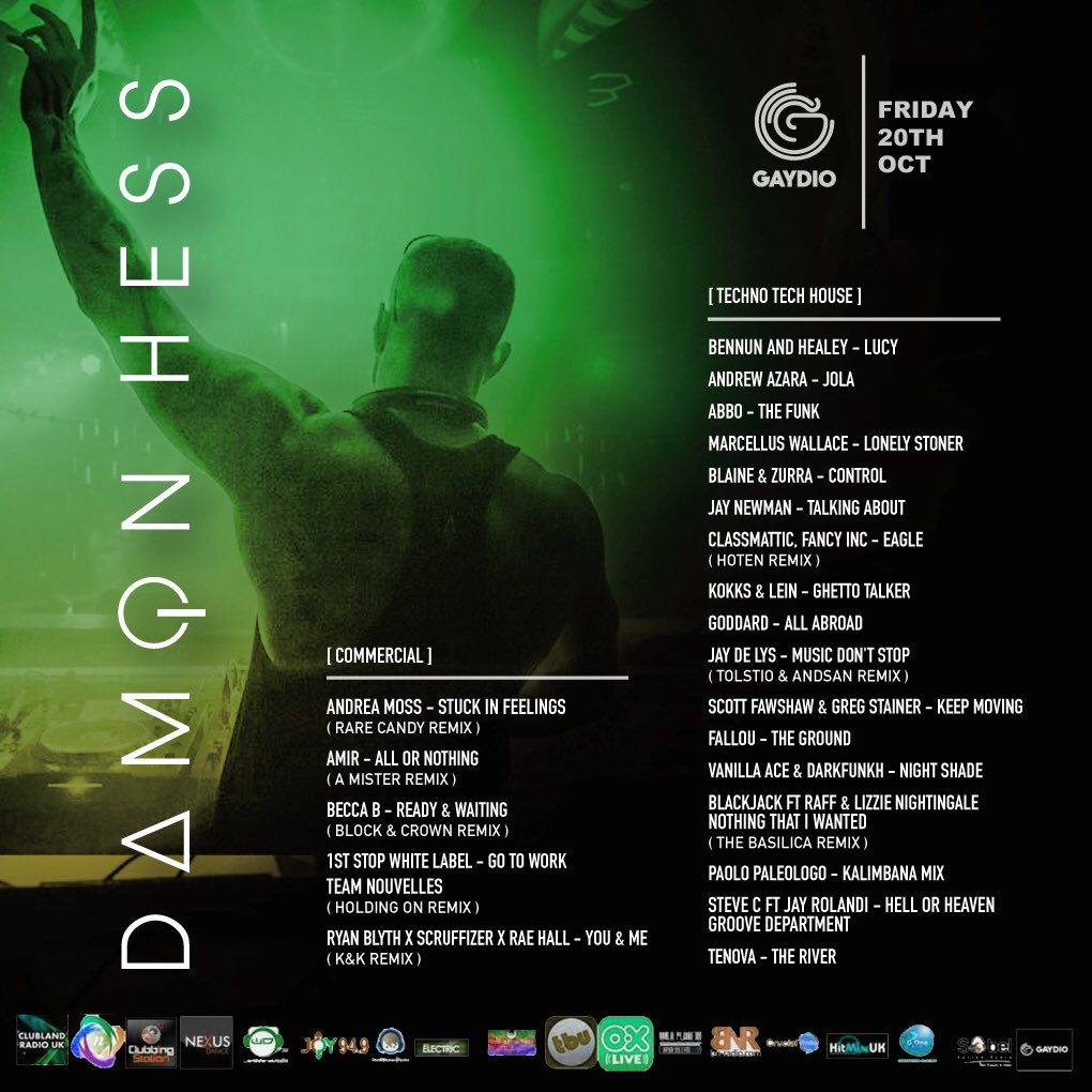 Damon_Hess's tweet photo. We're in the mix @Gaydio 1:00am @RareCandyMusic @beccab_official @BennunAndHealey @VanillaAce1 @PaoloPaleologo @TenovaOfficial &amp; more https://t.co/kZ4aFqFj72
