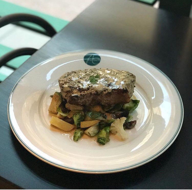 Chef Jacob's weekend special: Steak Au Poivre- Peppercorn New York Strip, Roasted Potatoes &amp; Vegetables with a Brandy Cream Sauce $34.