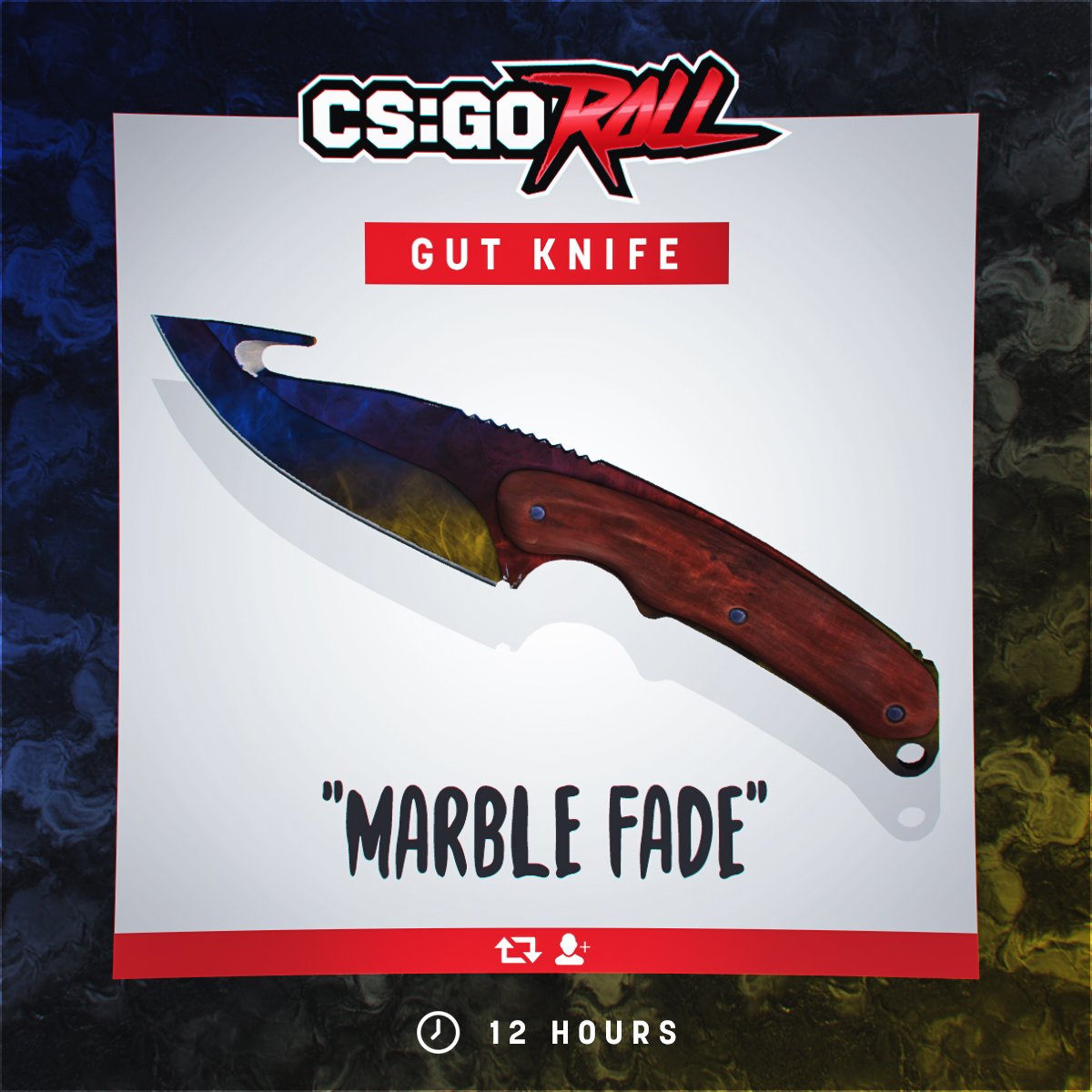 CSGORoll's tweet photo. Gut Knife | Marble Fade - GIVEAWAY

- RT &amp; Follow
- Enable notifications on CSGORoll
- Play Free Spin https://t.co/F7PFQjTYF9

Good luck! https://t.co/KmfEhvAnjY