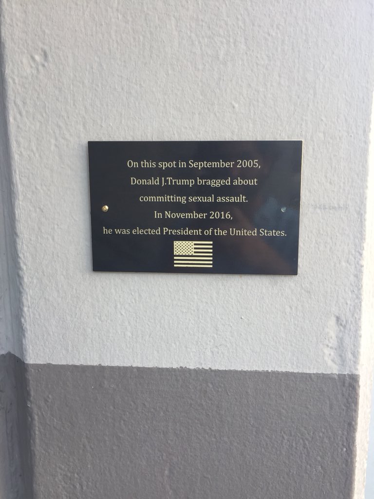 SethGottlieb1's tweet photo. In dishonor of our President, the producers of my show created a plaque commemorating his comments to Billy Bush, which happened on our lot. https://t.co/rxy6wm0wzs