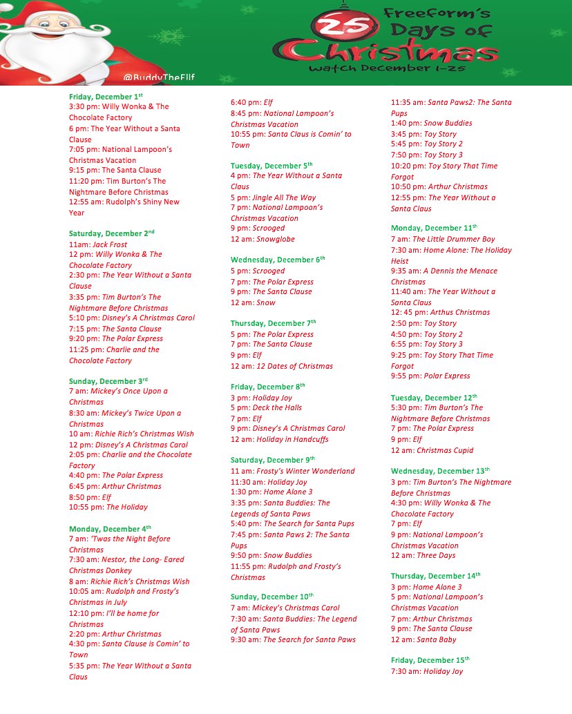 BuddyTheEllf's tweet photo. 25 DAYS OF CHRISTMAS SCHEDULE IS FINALLY HERE😍🎄🎅🏽❤️💚🎁🍪🥛 https://t.co/zWHTYLD8AW
