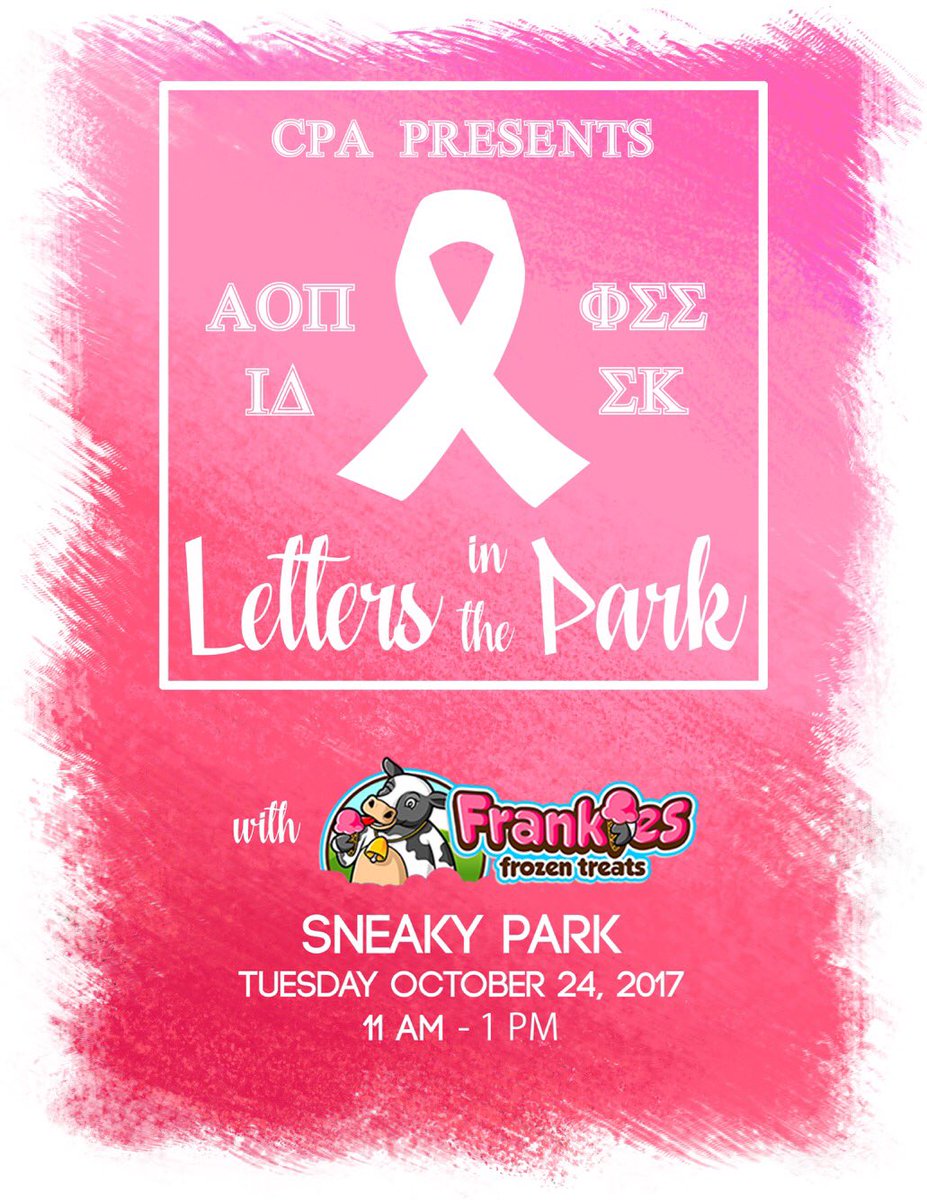 Join us at Sneak Park for Letters in the Park! Enjoy frozen treats courtesy of @frankiesfrozentreats 💕🍨🍧🍦#pinkforoctober