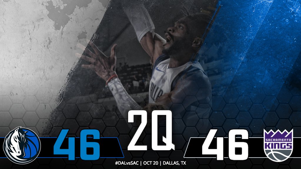 Halftime: #Mavs and Kings all tied up here in Dallas 46-46. #DALvsSAC https://t.co/41CcPokpR8