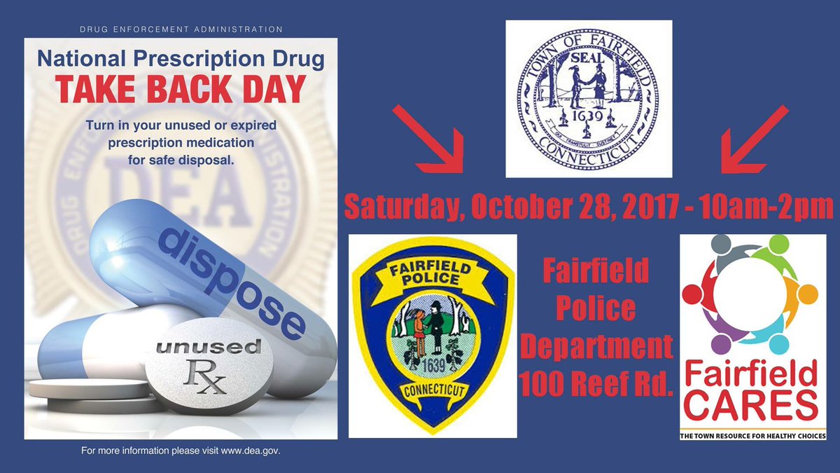FairfieldCARES's tweet photo. National Prescription Drug Take Back Day 10/28/2017 10am-2pm; Fairfield PD 
https://t.co/j4UyXa8ebI https://t.co/t9KKfibFSM