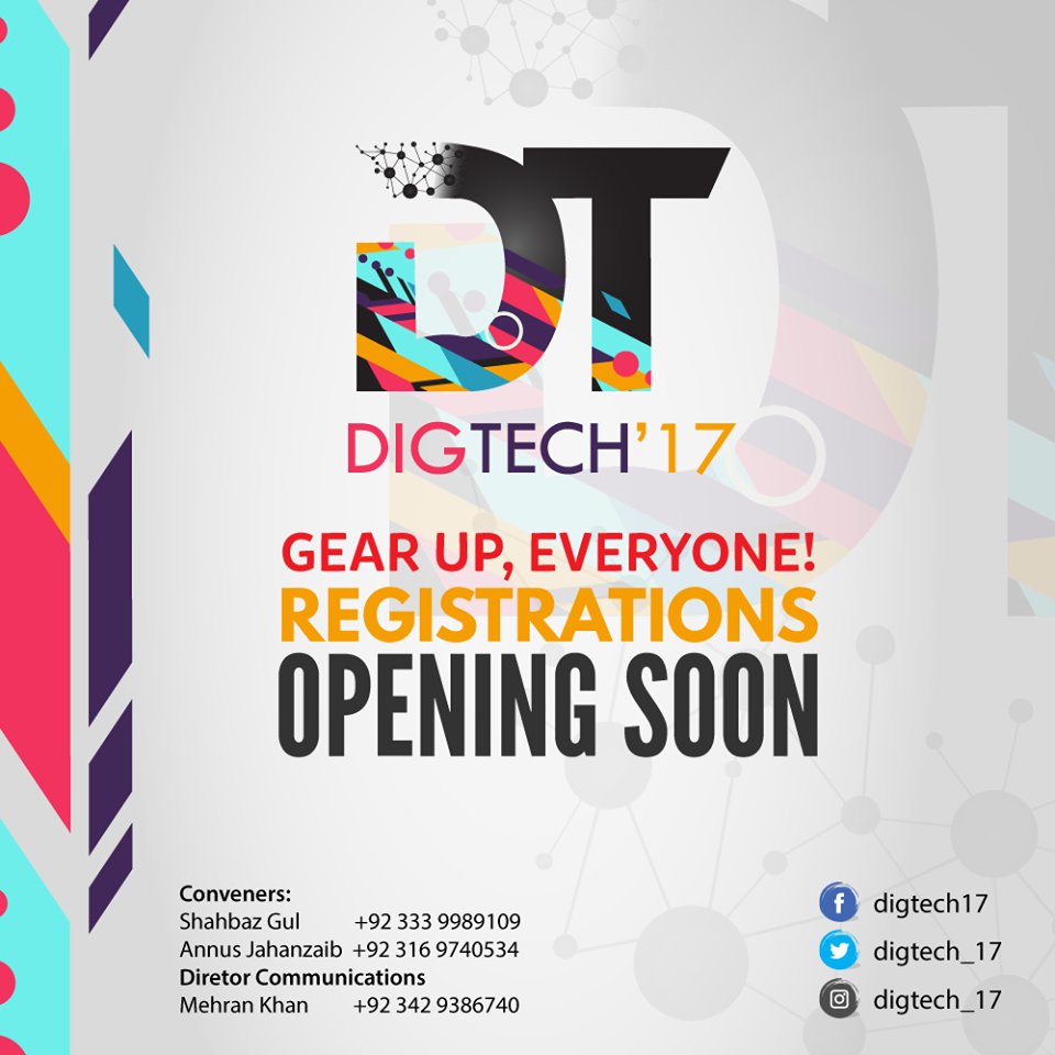 CECOS_DigTech's tweet photo. Gear up, Guys!
Registrations for one of the biggest Tech event in KP are about to open soon! Stay Tuned..
#cecos #digtech #DigTech17 https://t.co/3zB6Fm8x2f
