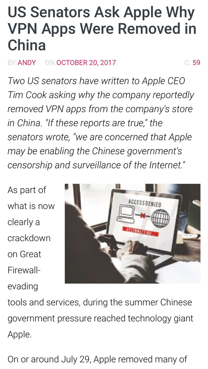 brother_chui's tweet image. 特大好消息！
美国两位参议员写信给苹果公司CEO，要他解释为什么VPN从中国下架？10个问题苹果必须要回答。苹果公司有涉嫌协助中国政府侵犯人权和言论自由之嫌。
中国被称为网络最大的敌人！
China is the enemy of the Internet!
