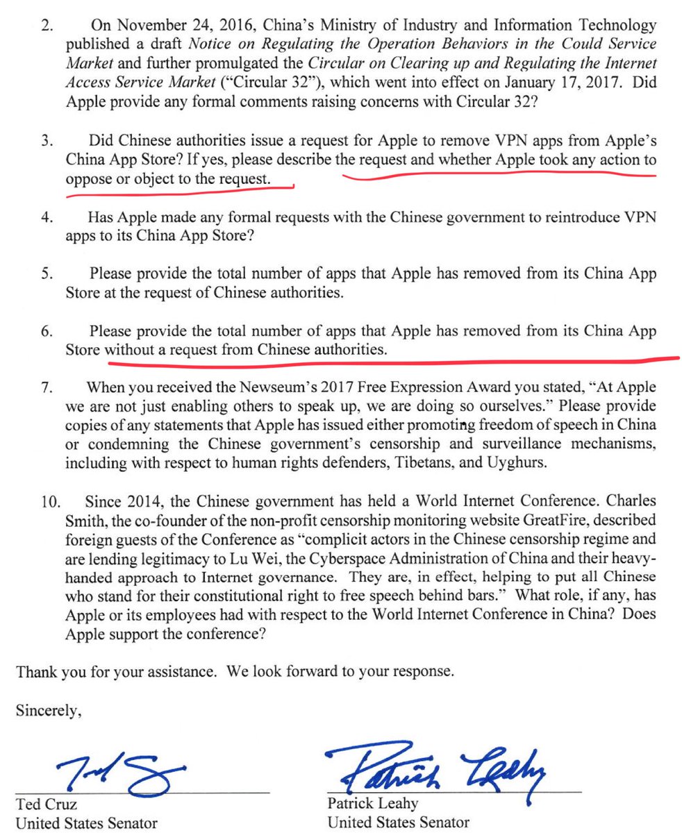 brother_chui's tweet image. 特大好消息！
美国两位参议员写信给苹果公司CEO，要他解释为什么VPN从中国下架？10个问题苹果必须要回答。苹果公司有涉嫌协助中国政府侵犯人权和言论自由之嫌。
中国被称为网络最大的敌人！
China is the enemy of the Internet!