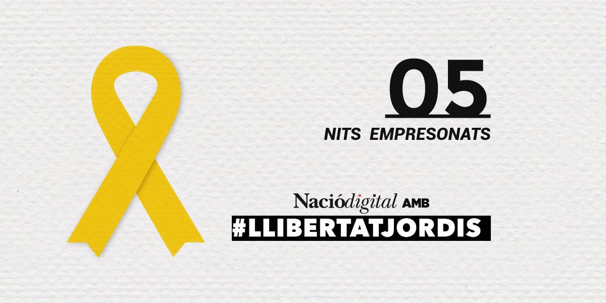 naciodigital's tweet photo. Cinquena nit amb @jordisanchezp i @jcuixart a la presó. A @naciodigital continuem reclamant #llibertatjordis https://t.co/IL84oZUJSW https://t.co/8I7zdPDC2J