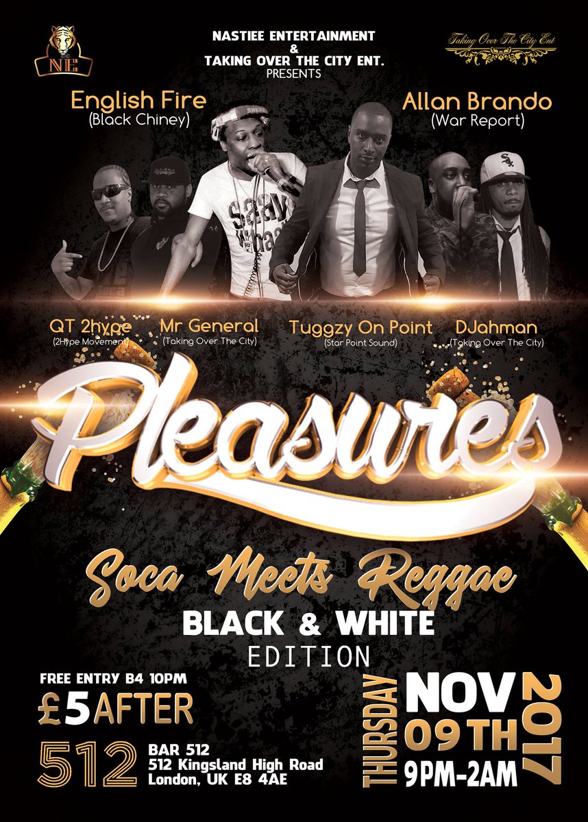 Nastieeinfo's tweet photo. Thursday 9th November @Pleasures_UK  Soca meets Reggae  with two of the biggest DJ'S in  the business @ALLANBRANDO &amp; @ENGLISHFIRE https://t.co/1v7iJqQY3q