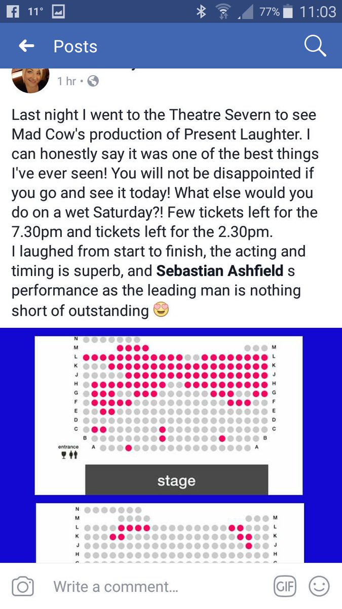 JustMeNow_Alex's tweet photo. A member of last night's audience @theatresevern 😍It's grey & wet come to our matinee! Visit the glamour & laughter of #MCPPresentLaughter 😀 https://t.co/tBRdy8xxIA