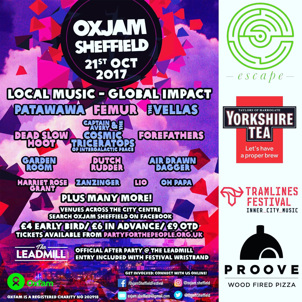 OxjamSheffield's tweet photo. @BBC6Music any chance of a shoutout from Sheffield's Oxjam Festival happening this evening from 5pm? Supporting the local music scene, totally volunteer led with all profits going to Oxfam! £6 advance £9 OTD/ Leadmill, Rutland Arms, The Washington, Hallam HUBS, Foodhall 🎶👍 https://t.co/Nc5CApUbRl